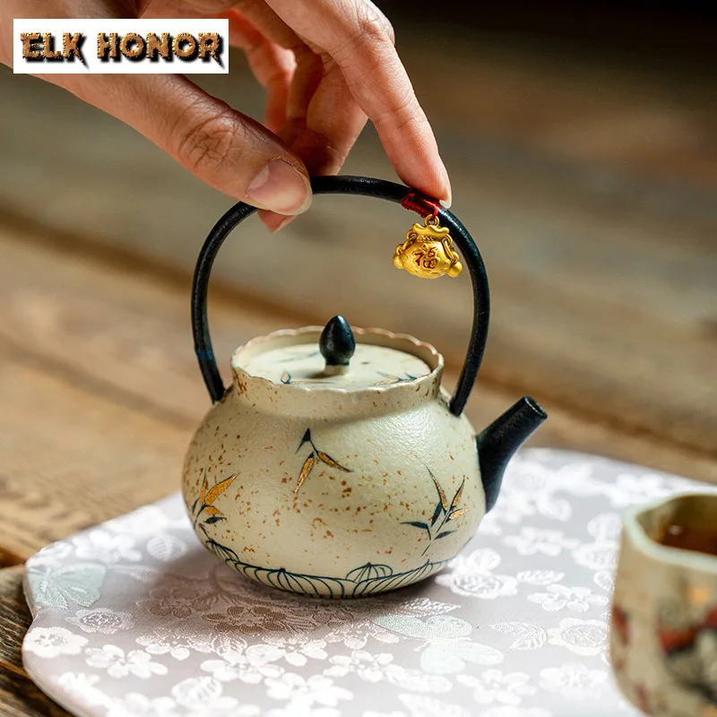 

125ml Hand-painted Bamboo Shadow Lifting Handle Teapot Handmade Tea Infuser Pot Tea Maker Kettle With Ball Hole Teaset Ornaments
