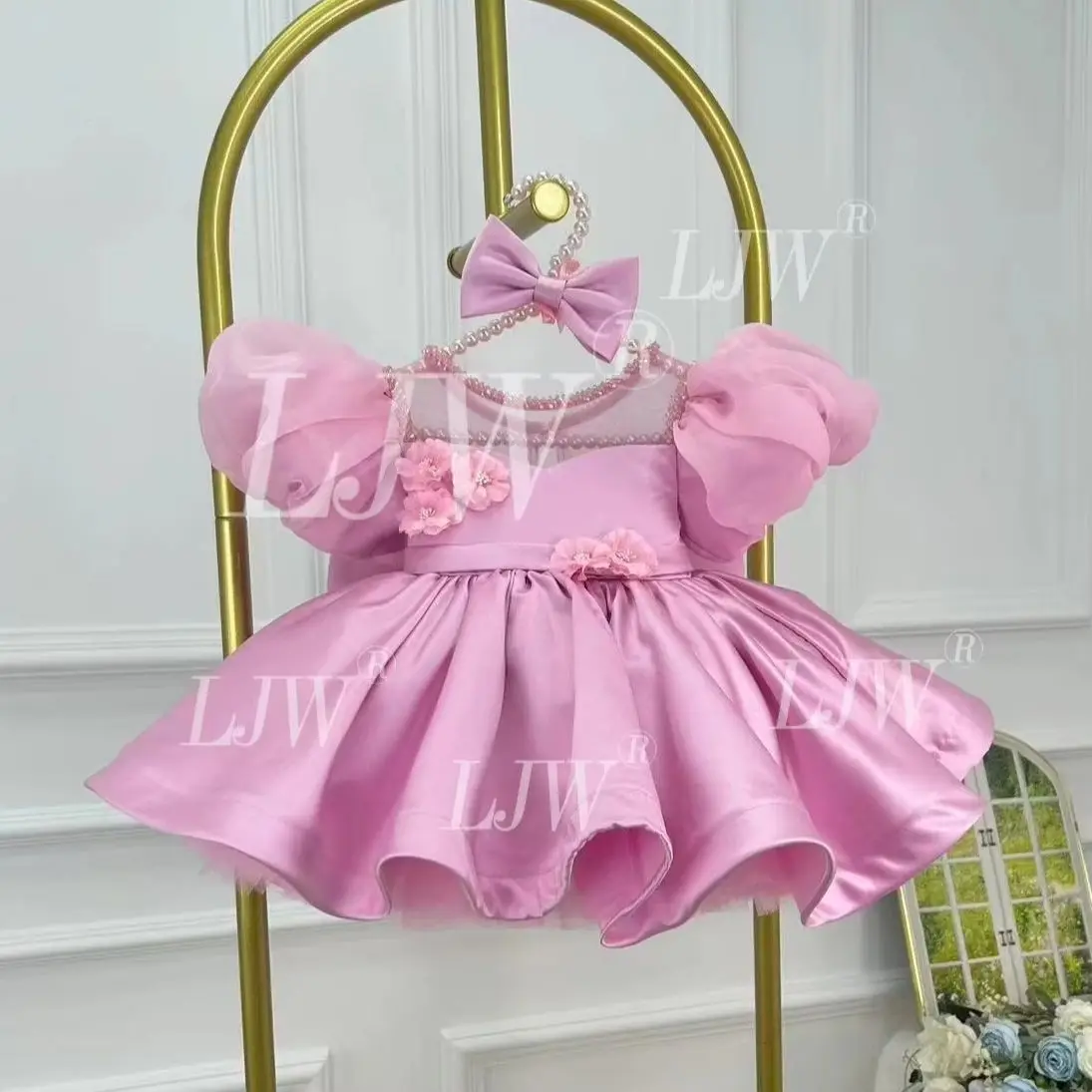 Luxury Pink Satin Baby Girls Formal Dress Pearl Neck Puff Sleeve 3D Flower Front Big Bow Back Kids Wedding Baptism Party Outfit