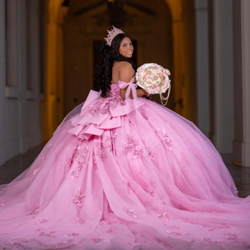 Pink Shiny Quinceanera Dresses Ball Gown Off The Shoulder Applique Flower Beading Crystal Tull Corset Party Birthday Sweet 16