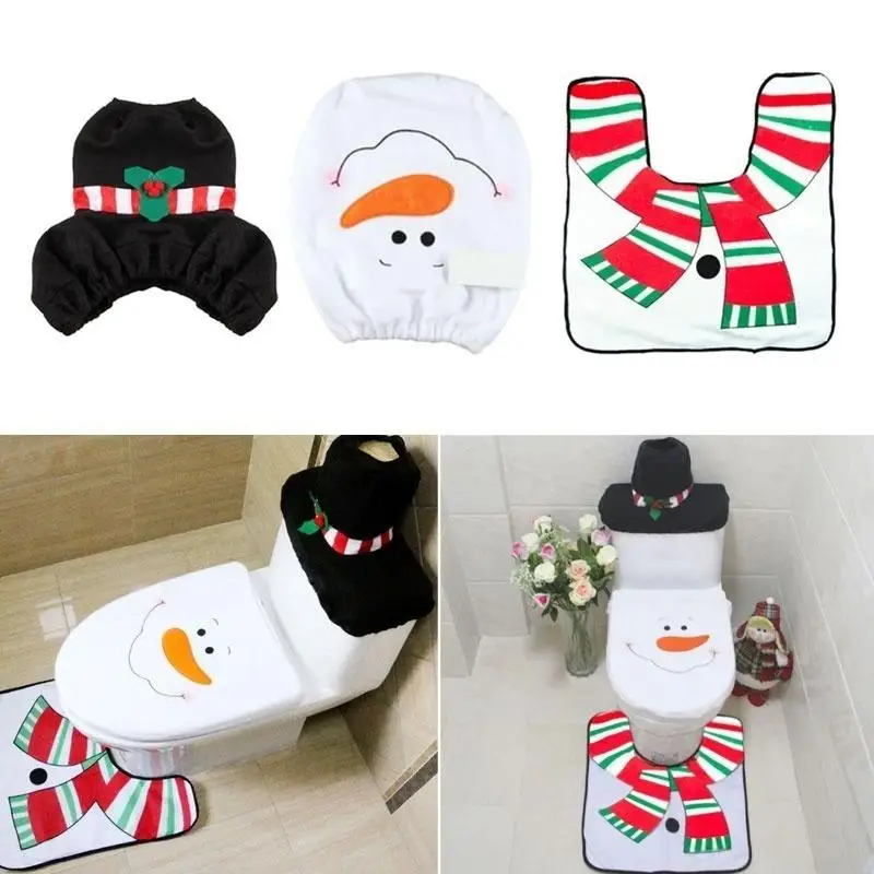 3Pcs Xmas Bathroom Mat Set Christmas Toilet Seat Cover Rug Santa Snowman Holiday Party Home Decoration Accessories