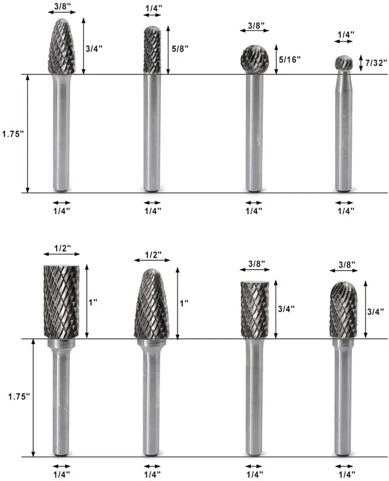 8 Stück/Set Durchmesser. 6/8/10/12 mm 1/4 Zoll (6 mm) Schaft Wolframkarbid-Frässtifte Bit Double Cut CNC-Gravur für Metall, Stahl, Aluminium – Detail 1