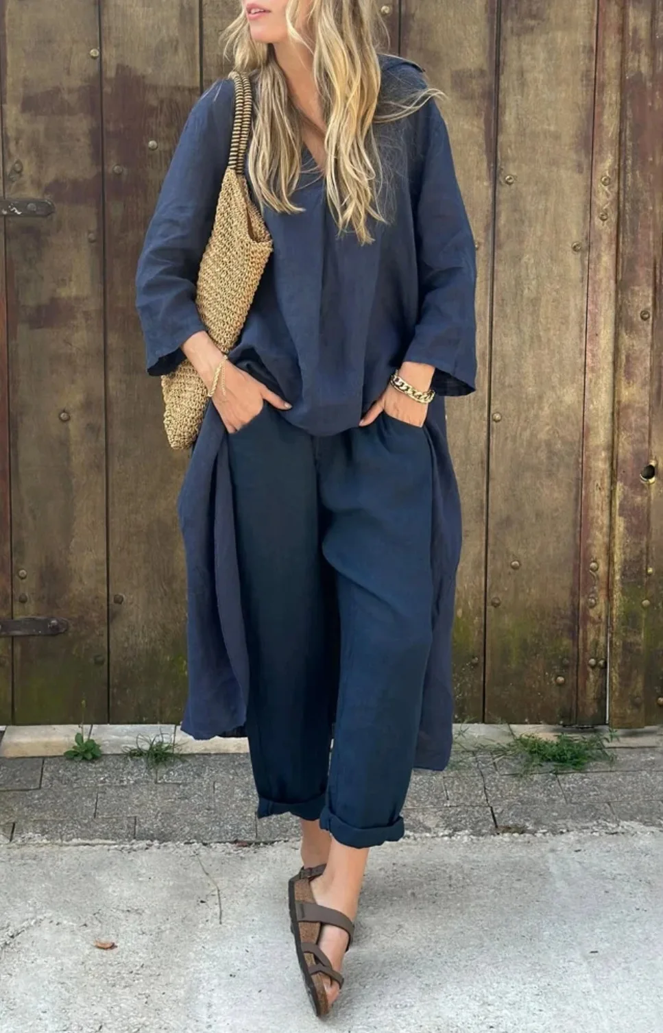 

Women's Casual Pants Suits For Daily Solid Color Loose Commuting Style Autumn Winter Long Sleeve V-neck Pocket Top Two-piece Set