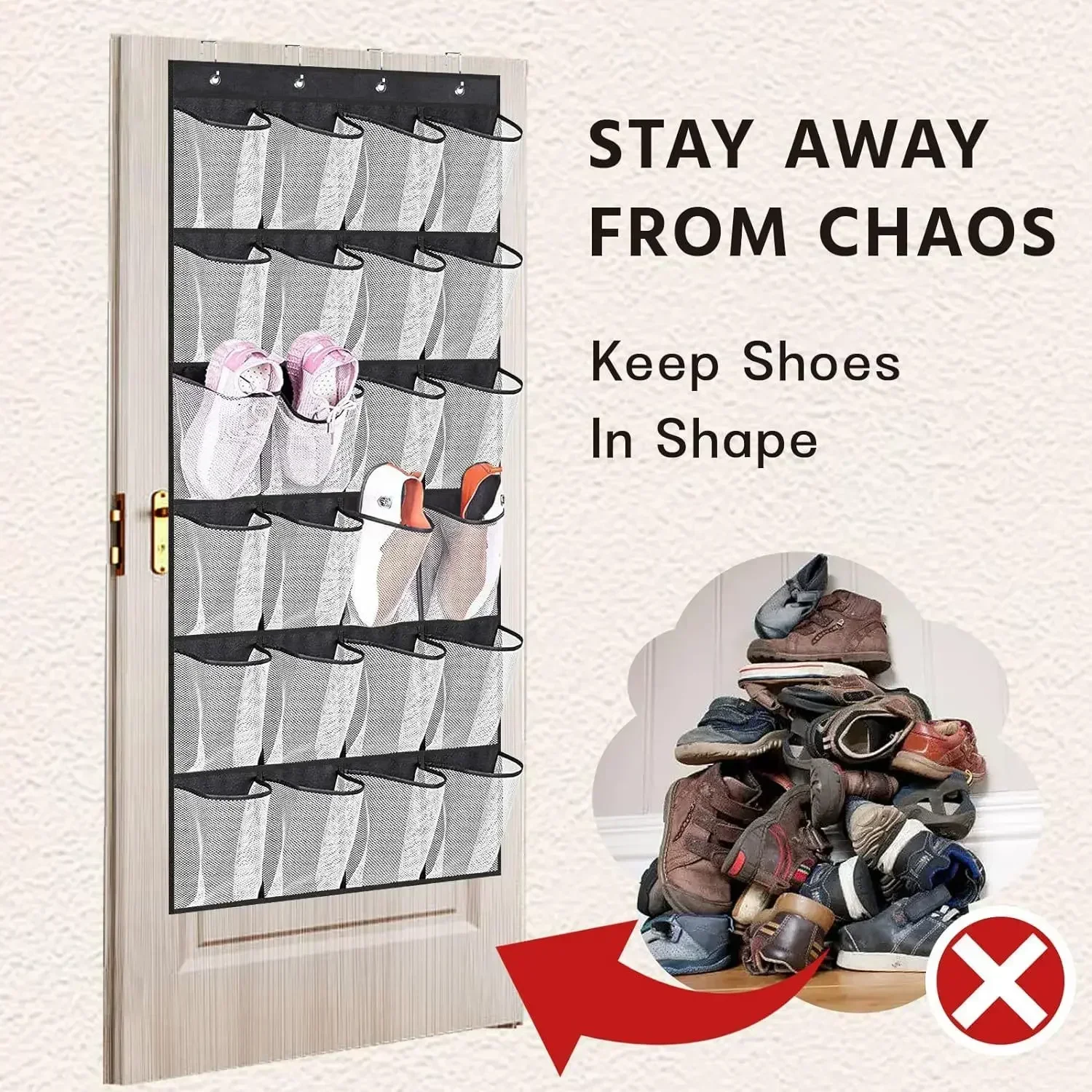24 Pockets Over the Door Shoe Organizer Large Mesh With 4 Hooks Fabric Rack Storage Bag For Bedroom - view 3
