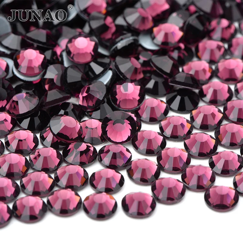 JUNAO SS6 8 10 12 16 20 30 Lt.Rose AB Hot Fix Glass Rhinestones Iron On Hotfix Crystal Stones Flatback Round Strass Applique