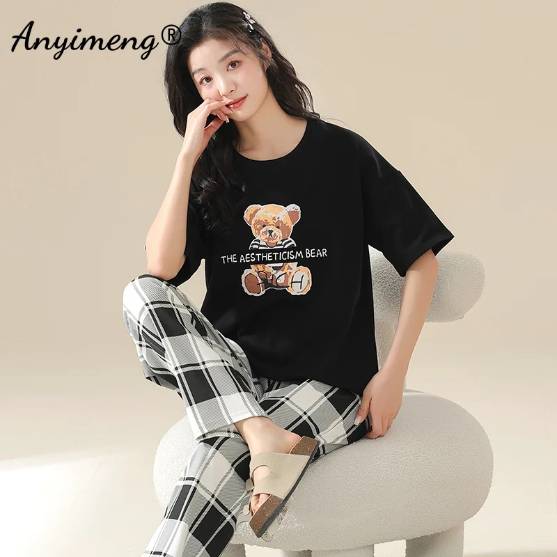 Cute Plus Size 2 Piece Set Women 4XL 5XL Summer Short Sleeve Long Pants Pajamas for Woman Cartoon Sleepwear Girl Cotton Pijamas