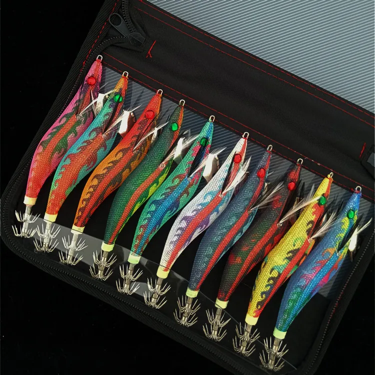 10Pcs 12g-21g Squid bait Wooden Shrimp Lead jig hook Fishing Octopus Lures Cuttlefish Artificial luminous jigging lure with bag