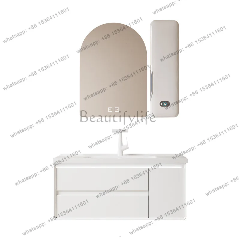 

Smart bathroom cabinet combination solid wood seamless basin, bathroom face wash integrated basin with makeup refrigerator