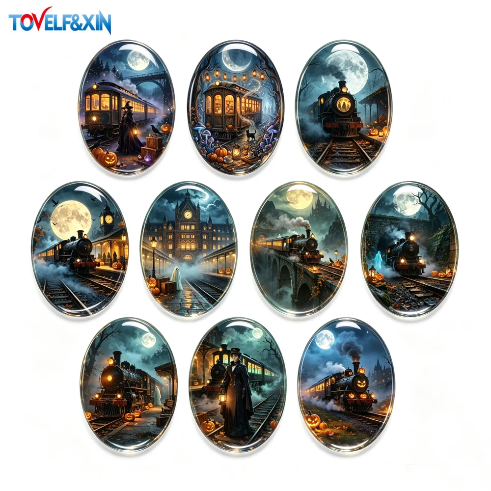 10pcs Halloween Oval Glass Cabochon 18x25mm Ghost Train Railway Pumpkin Witch Gothic DIY Jewelry Making Craft Supplies Flatback