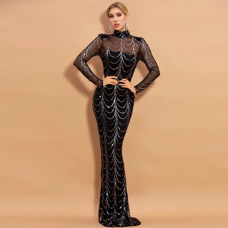 2024 New Long Sleeve Black Trailing Evening Dress European Style High Neck See-through Striped Sequined Party Floor Skirt