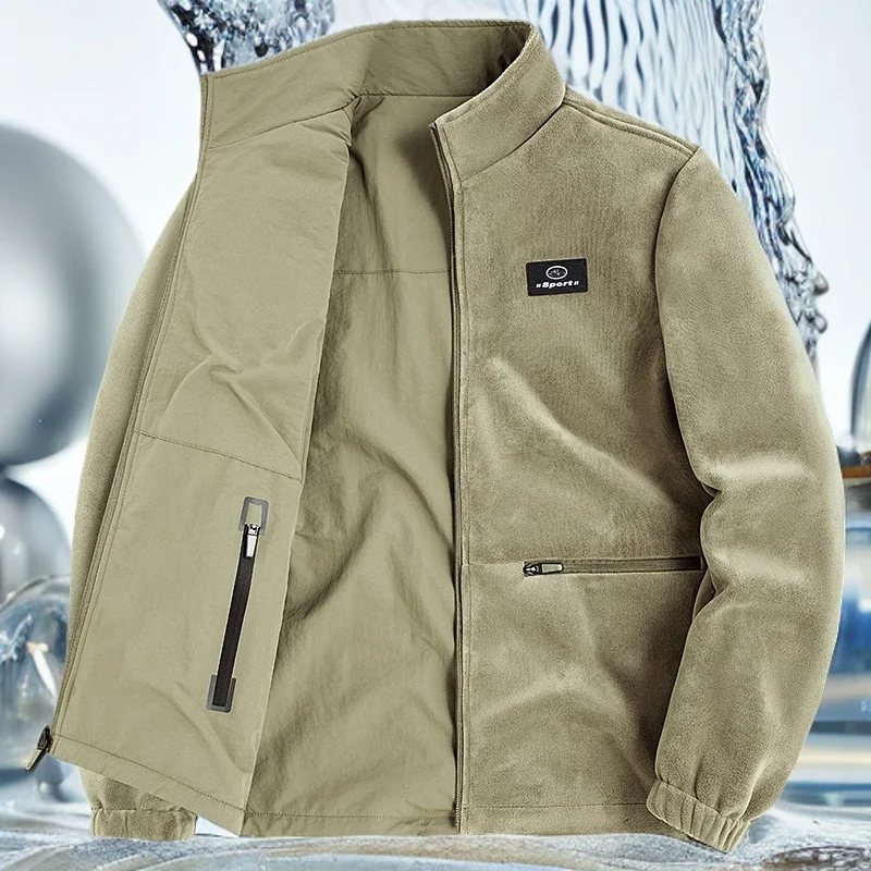 

Men's Outdoor Thiened Fce Lined Jaet Two-Way Wear Cross-Border Large Size Zipper Stand Fit Polyester Long Sve Coat