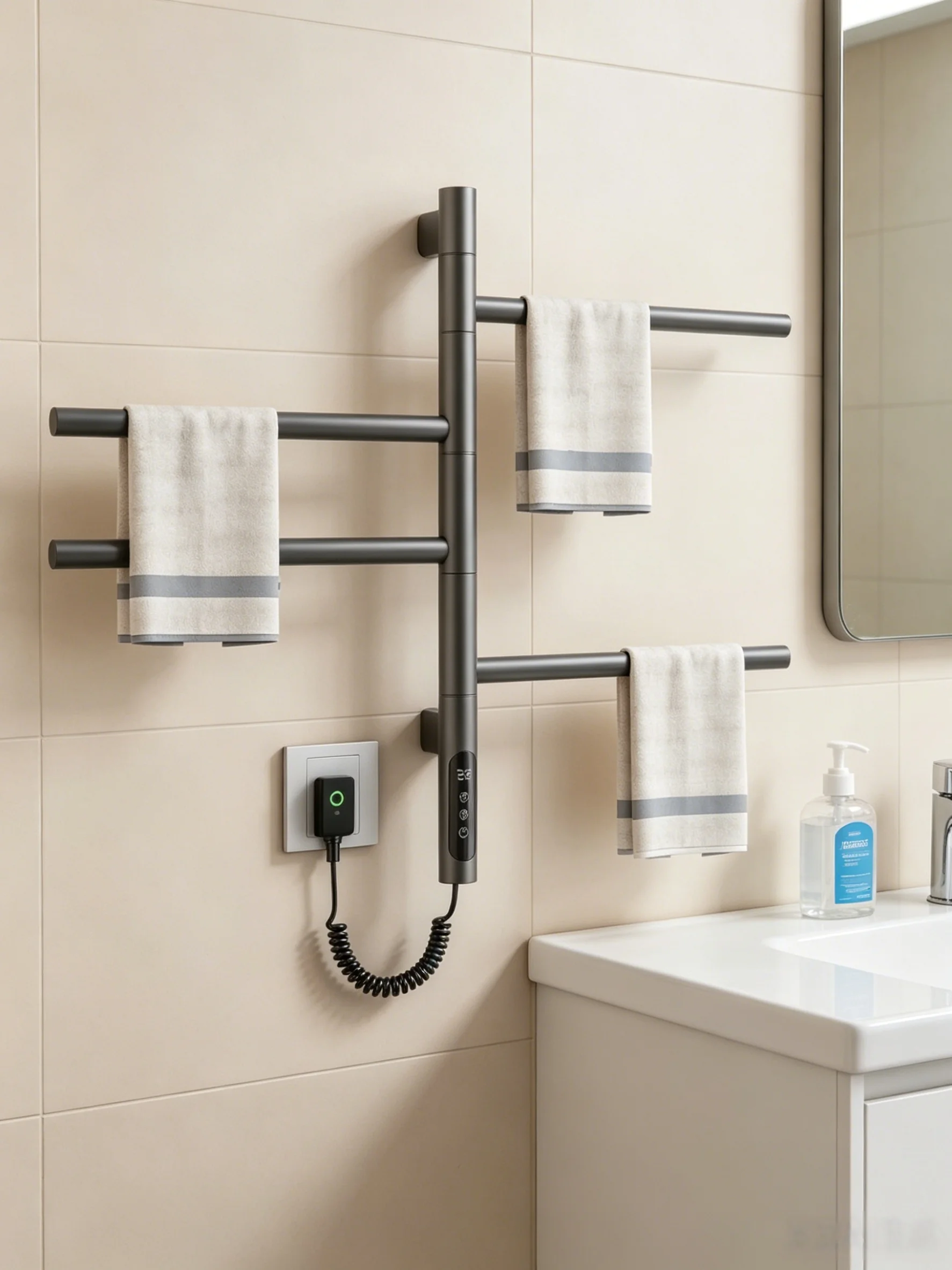 PREMIUM GUNMETAL SWIVEL TOWEL WARMER MULTI ROTATING ARMS SMART TOUCH PANEL HEATED TOWEL RACK for LUXURY BATHROOM