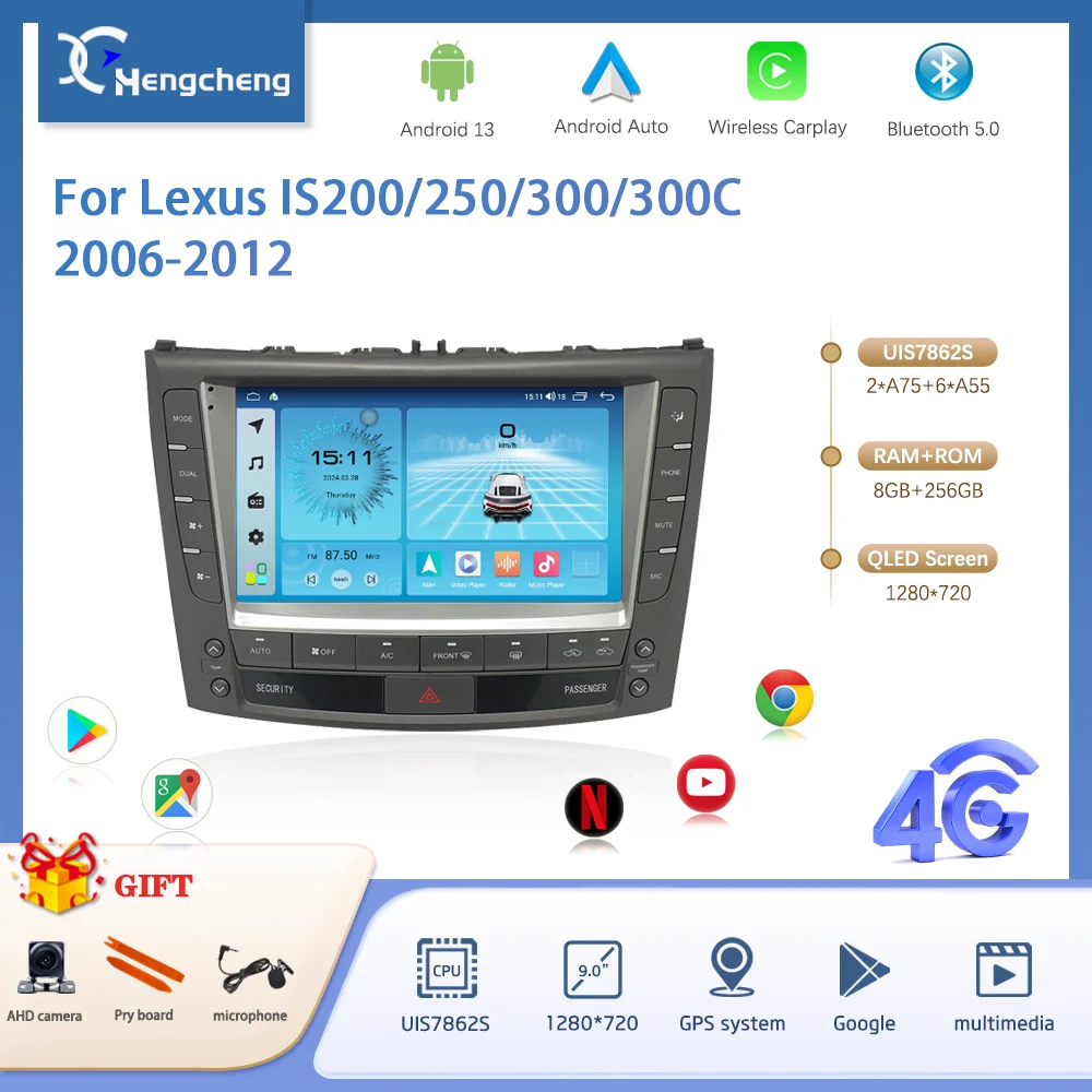 9Inch For Lexus IS200 IS250 IS300 2006-2012 Car Multimedia Video Player GPS Navigation Radio Auto Android13 Carplay 4G 360camera