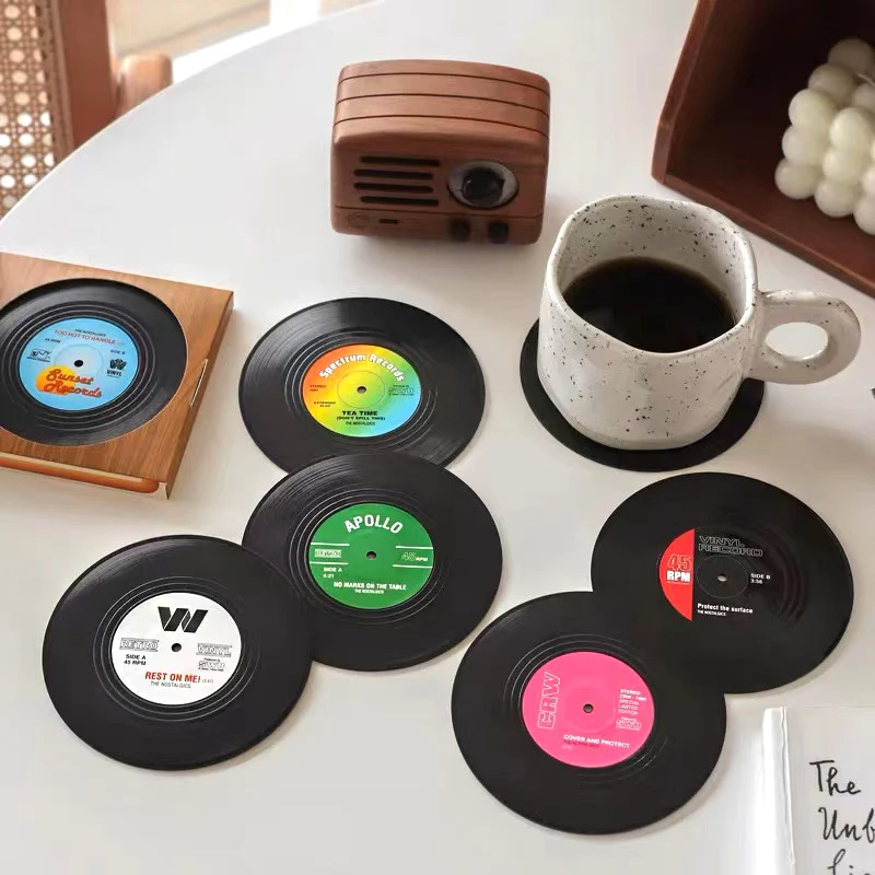 Retro Record Disk Coaster Silicone Music CD Mat Anti-slip Coffee Mug Cup Heat-resistant Pad Hot Utensil Home Kitchen Decor Mats