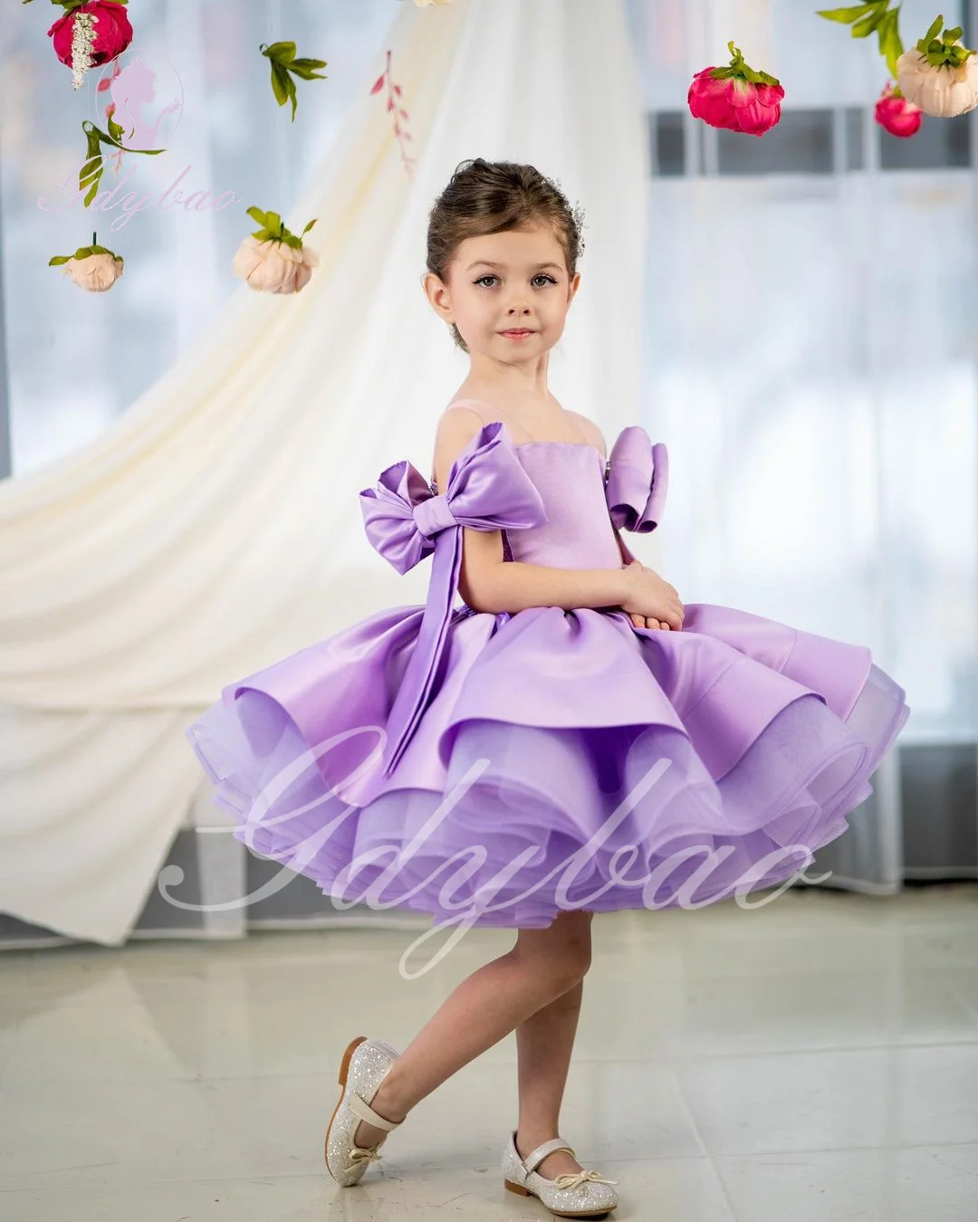 Vestido morado de flores para niña, para boda, satén hinchado, sin mangas, con lazo, princesa, elegante, fiesta infantil, vestido de baile de primera comunión