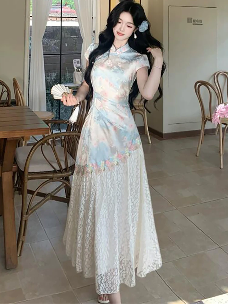 

Summer Blue Satin Floral Patchwork White Lace Long Dress Women Short Sleevet Stand Collar Dress 2026 Korean Vintage Party Dress