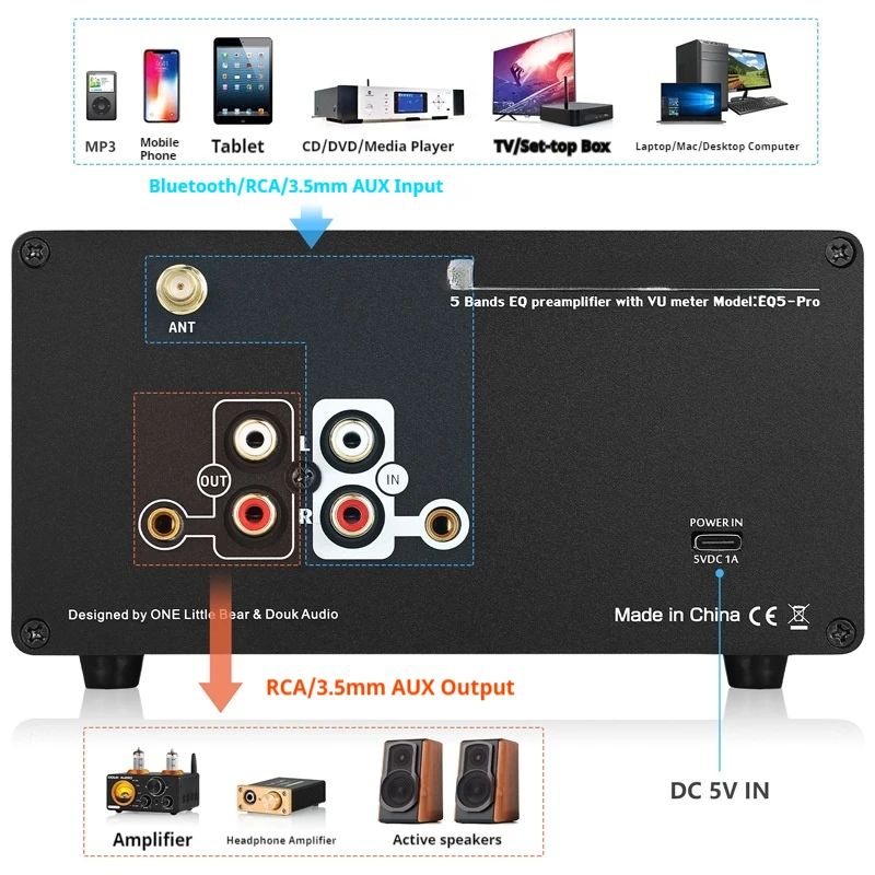 EQ5 / EQ5 PRO Mini 5-Band EQ Equalizer with Bluetooth Receiver 3.5mm AUX Stereo Audio Bypass Balance Preamp w/VU Meter