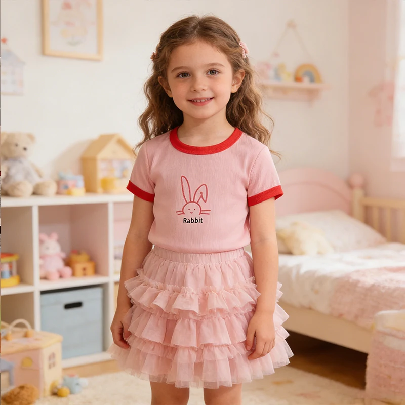 

Разноцветная футболка с короткими рукавами для девочек, универсальная и стильная, с мультяшным принтом, из ледяного шелка, для детей 3-8 лет, летний топ