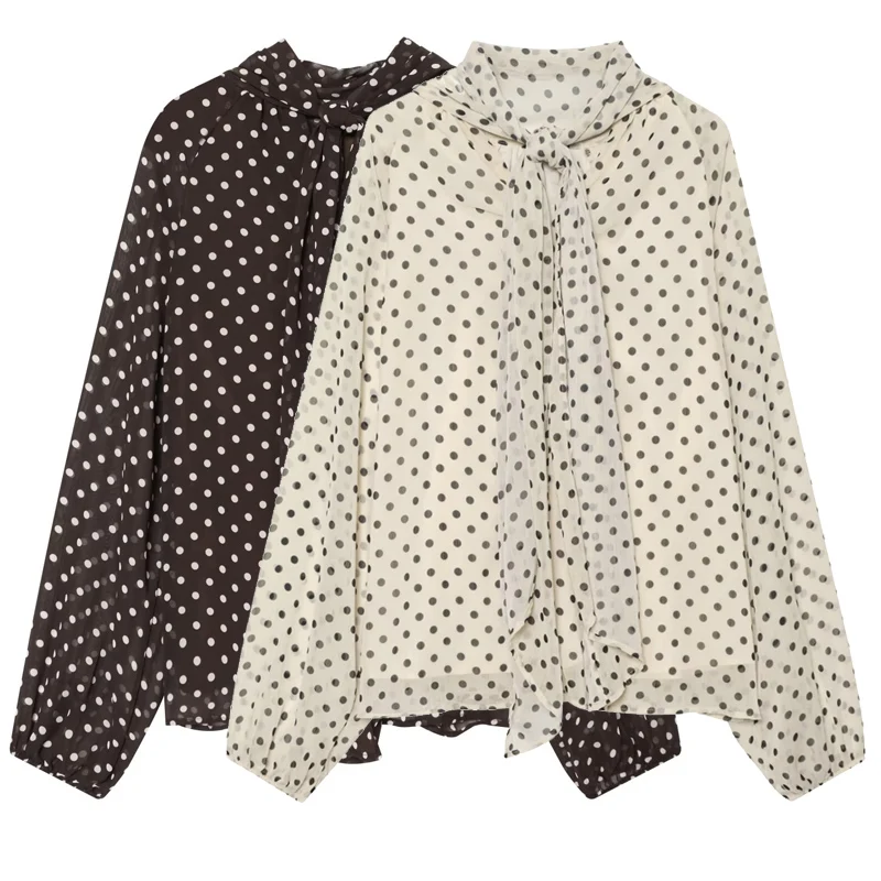 HXAO Polka Dot Oversized Top Women's Blouse Summer 2026 Boho Brown White Shirt Chiffon See -Through Long Sleeve Tops For Woman