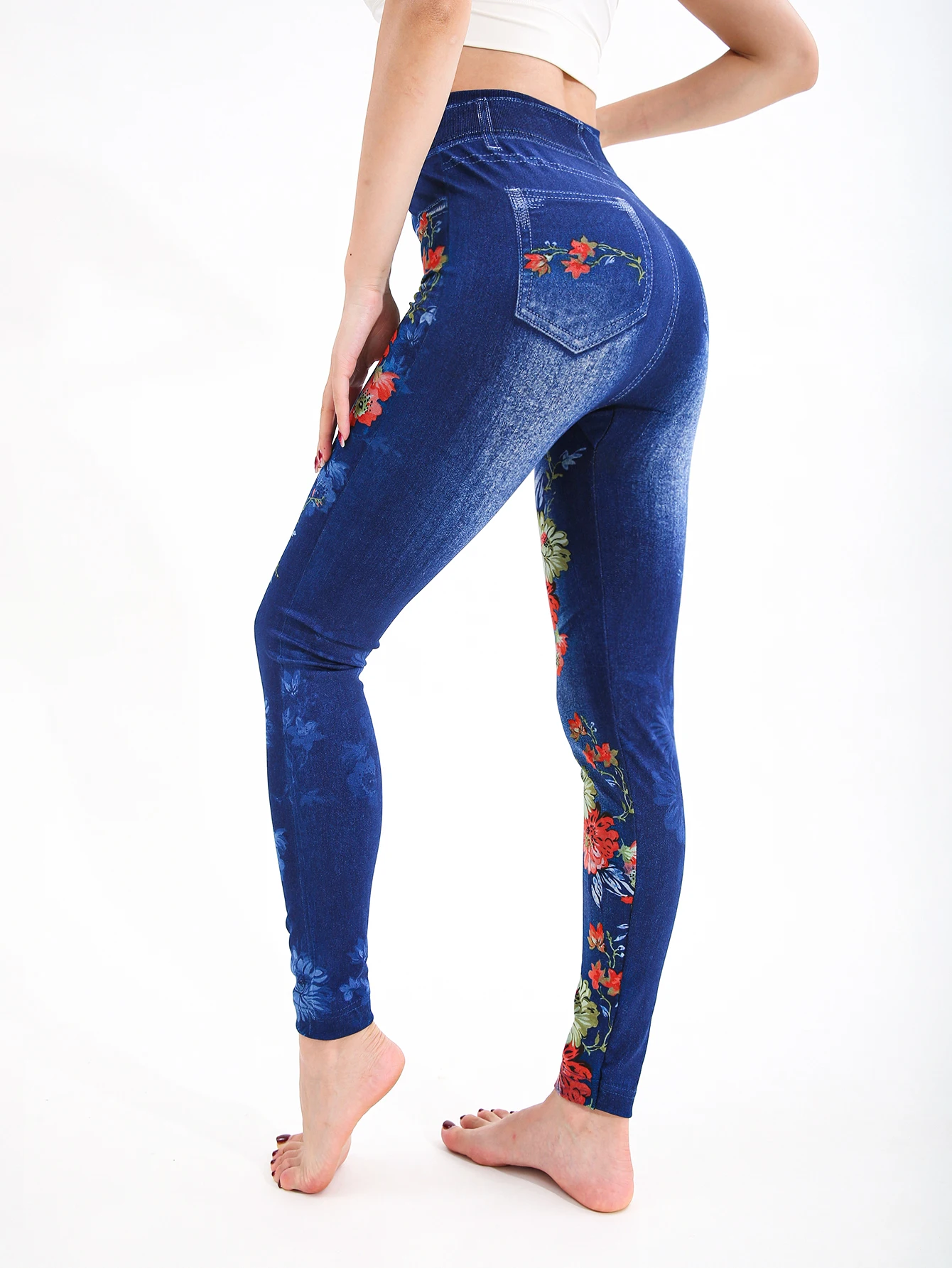 Autumn Winter 1PACK Women's Imitation Cowboy Chrysanthemum Pattern Sexy Tight Legging Casual Sports Elegant Fitness Yoga Pants