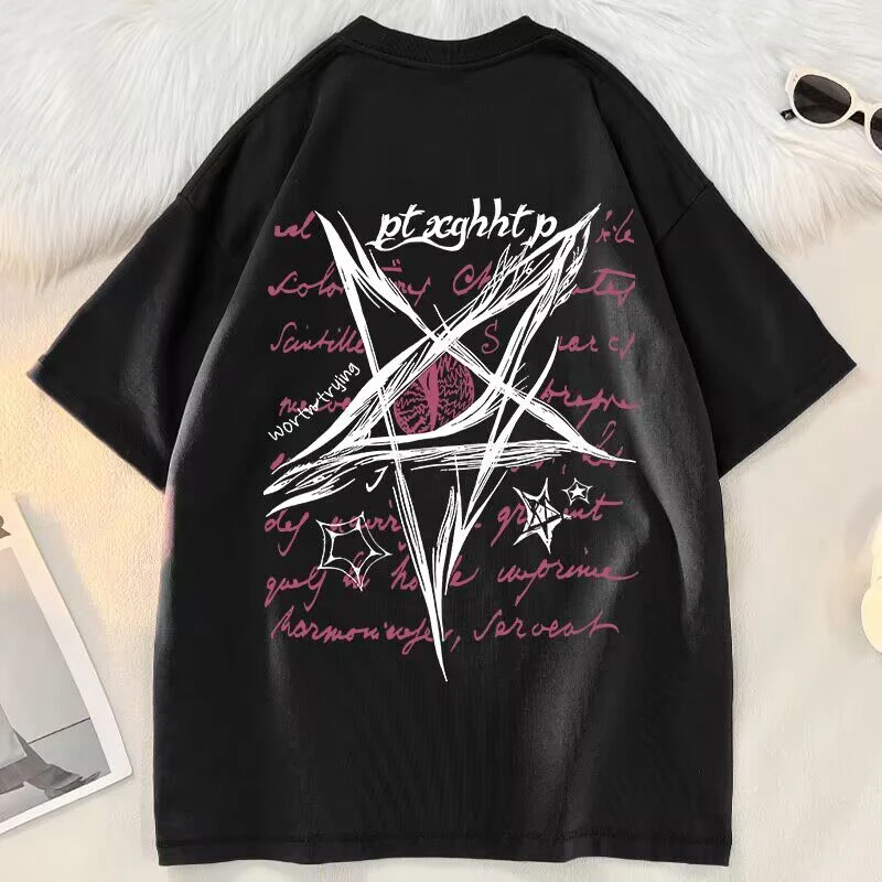 American High Street Black Cotton Short-sleeved T-shirt Summer Trend Versatile Loose Star Print Couple Top