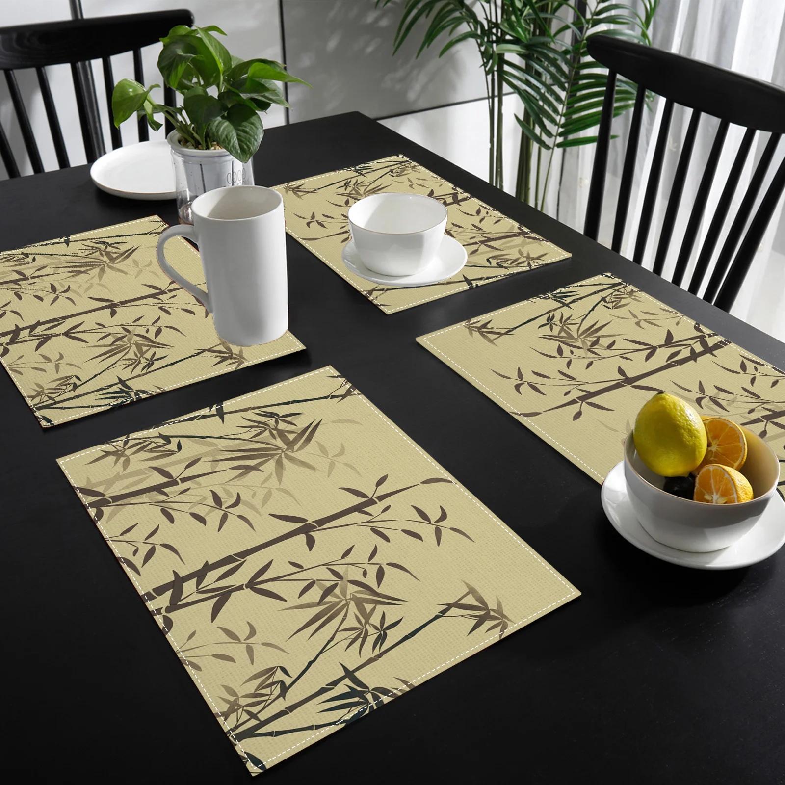 Elegant Beige Brown Bamboo Branch Silhouette Rectangular Placemat Set For Asian Style Table Decor Coffee Shop