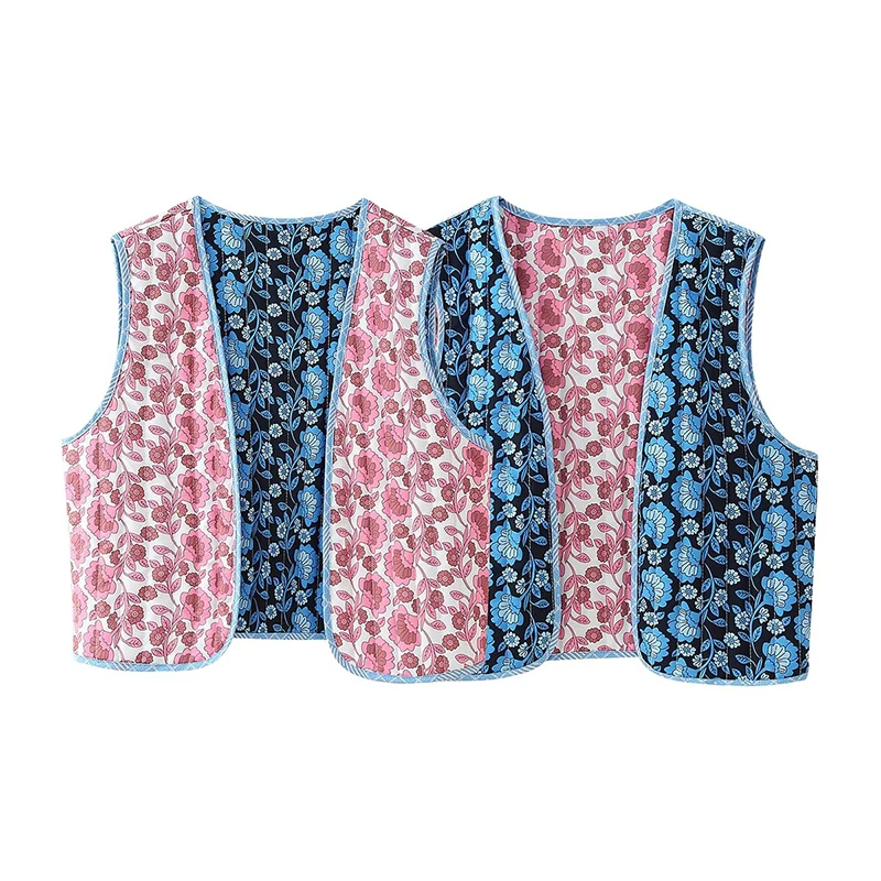 

YENKYE Women Vintage Floral Print Reversible Vest Open Stitch V Neck Sleeveless Waistcoat Female Autumn Crop Outerwear