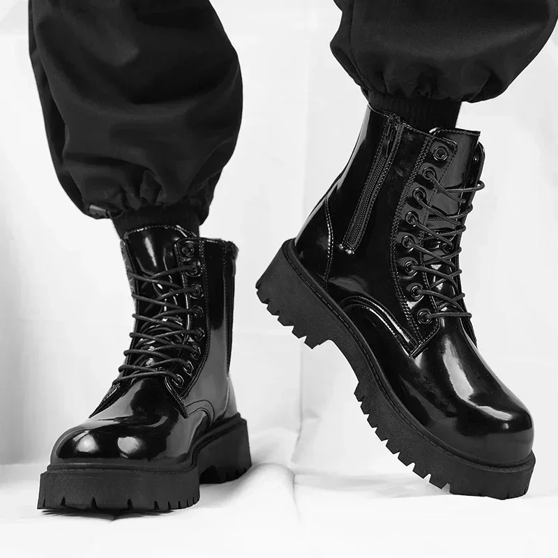 Doc Martens men\'s summer breathable high top British style sportcasual bright leather biker boots Black platform work boots