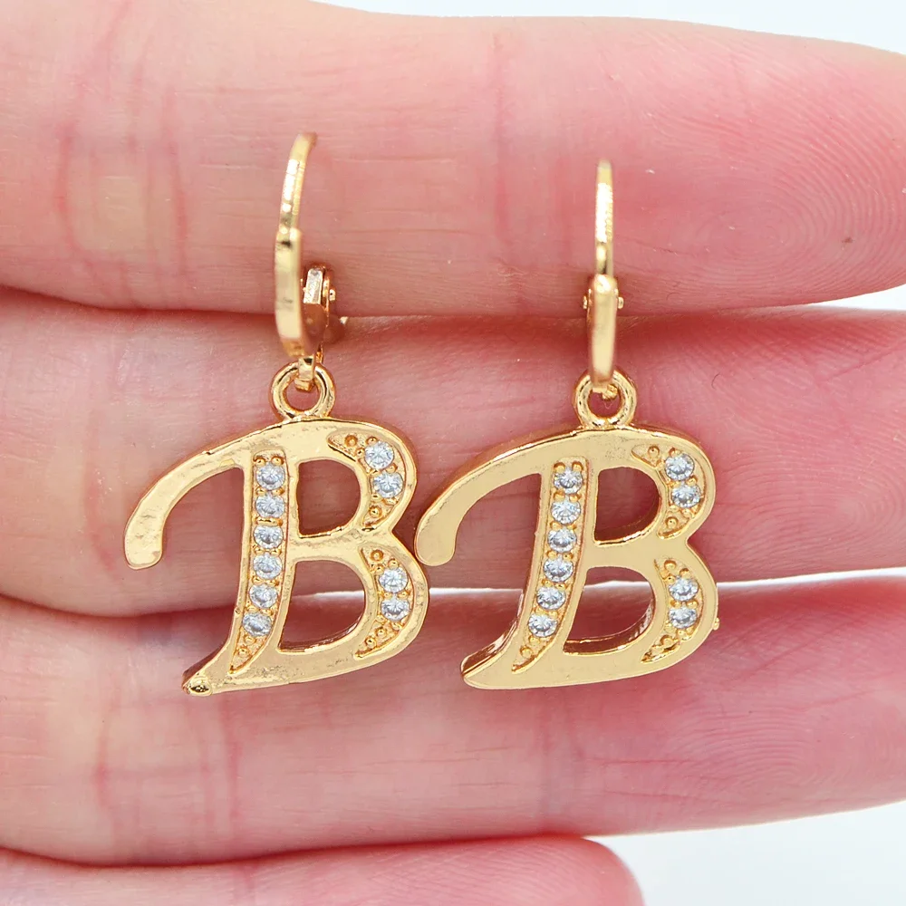 Fashion Gold Color Clear Zircon CZ Name Alphabet Initial Letter Dangle Earrings for Women