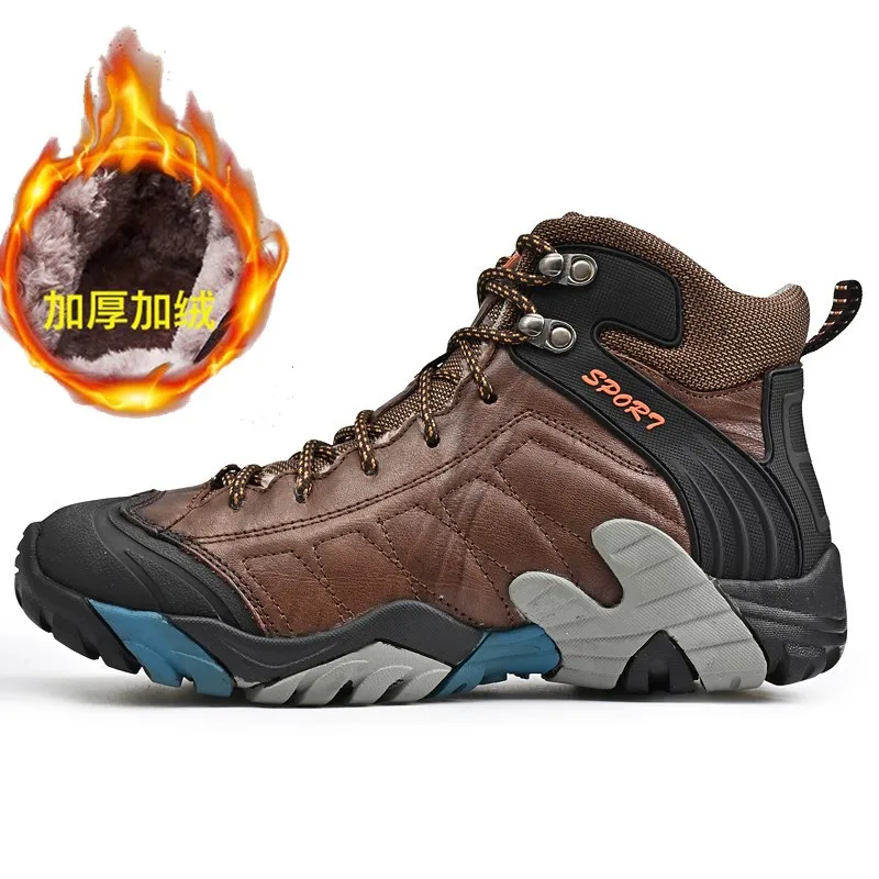 Winter New Men's Casual High Top Outdoor Mountaineering Shoes with plush insulation and waterproof snow boots