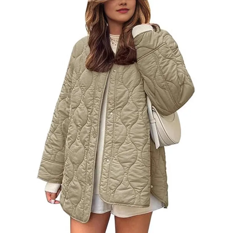 

2025 Fall/Winter New European and American Style Quilted Line Decoration Simple Solid Color Crew Neck Loose Cotton Jacket