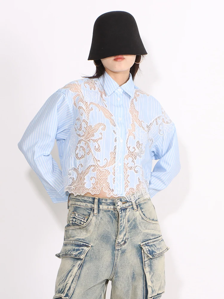 CHICEVER Patchwork Lace Colorblock Shirt For Women Lapel Long Sleeve Single Breasted Elegant Casual Loose Blouse Female 2024 New