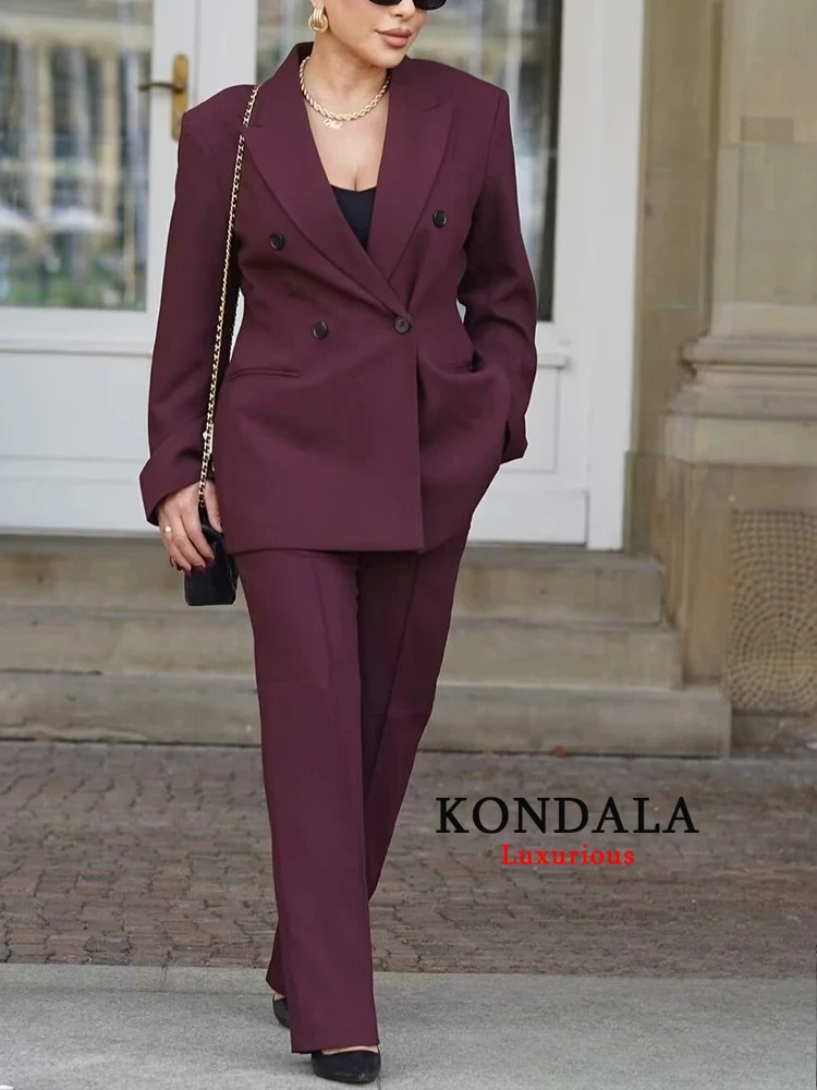 

KONDALA Винтажный офисный женский красный однотонный костюм, двубортный пиджак с v-образным вырезом, прямые свободные брюки, новая мода 2025 года, осенние шикарные комплекты