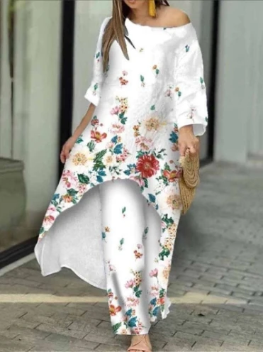 Women's Fashion Suits 2025 Autumn Winter Latest Loose Large Irregular Printed Nine Sleeve Straight Leg Pants Two Piece Set