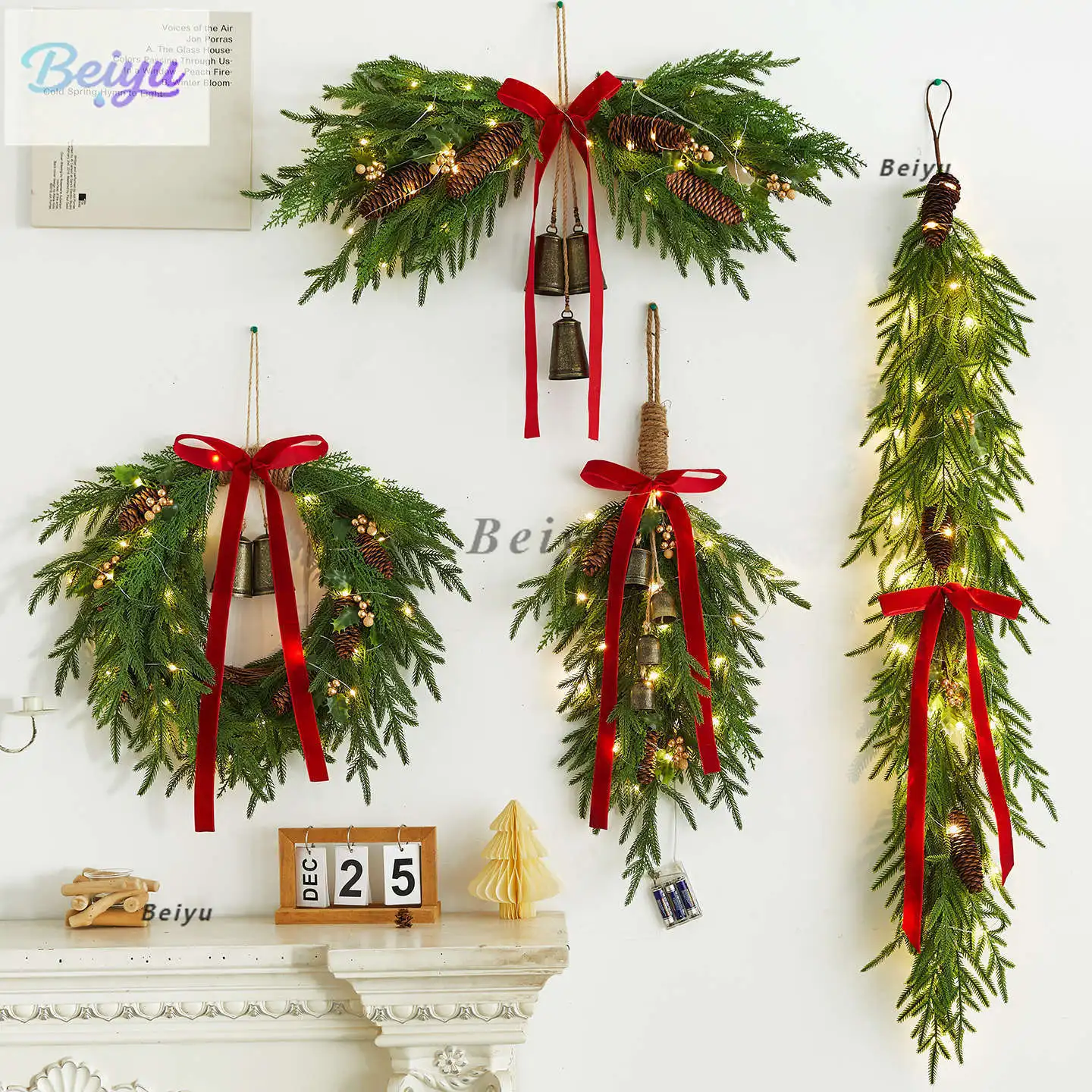 Christmas tree wreath rattan Christmas day atmosphere decoration scene shopping mall layout wall door pendant