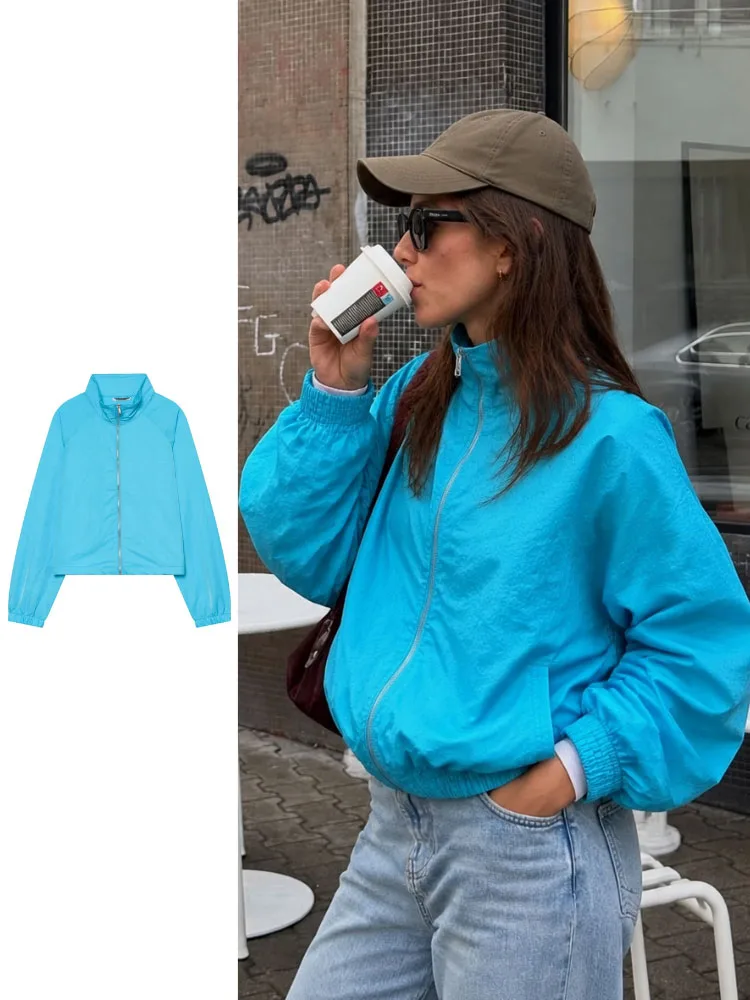 HH Sporty Casual Bright Blue Coat Women Spring Autumn Comfy Long Sleeve Relaxed Fit Gym Active Light Run Chic Fashion Jacket
