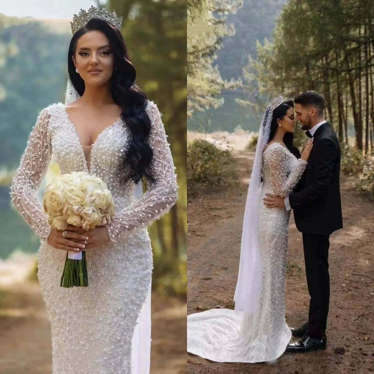 

Exquisite Mermaid Wedding Dress Appliques Beading Pearls V Neck Bride Gowns Sequins Beaded Sweep Train Bridal Dresses Customized