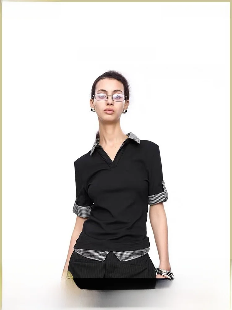 

Футболка LYUOCHENG весна-лето, повседневная, в стиле пэчворк, клетчатая, в стиле колледж, с завышенной талией, из смесового хлопка и нейлона