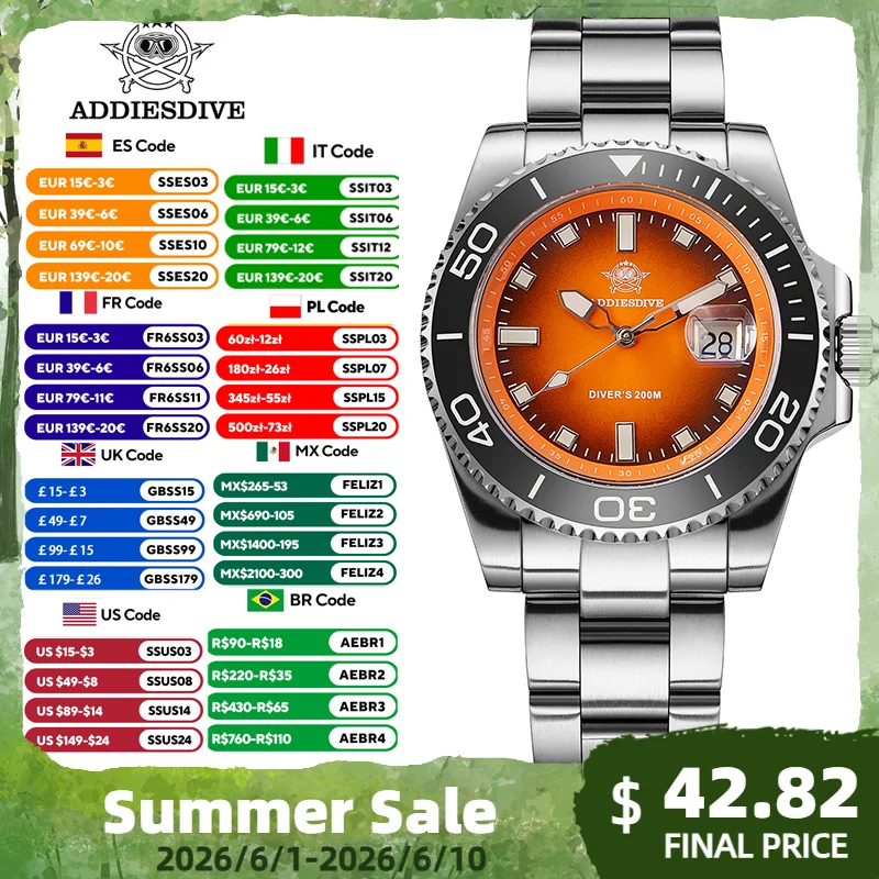 ADDIESDIVE Watch For Men AD2089 Diver Watch Fashion Gradient 41mm Rotatable Bezel Quartz Watches Waterproof 20Bar BGW9 Luminous