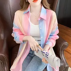 Camicia e camicette a maniche lunghe con scollo rovesciato colore arcobaleno sfumato abbigliamento donna sottile trasparente camicia allentata Casual nuovo