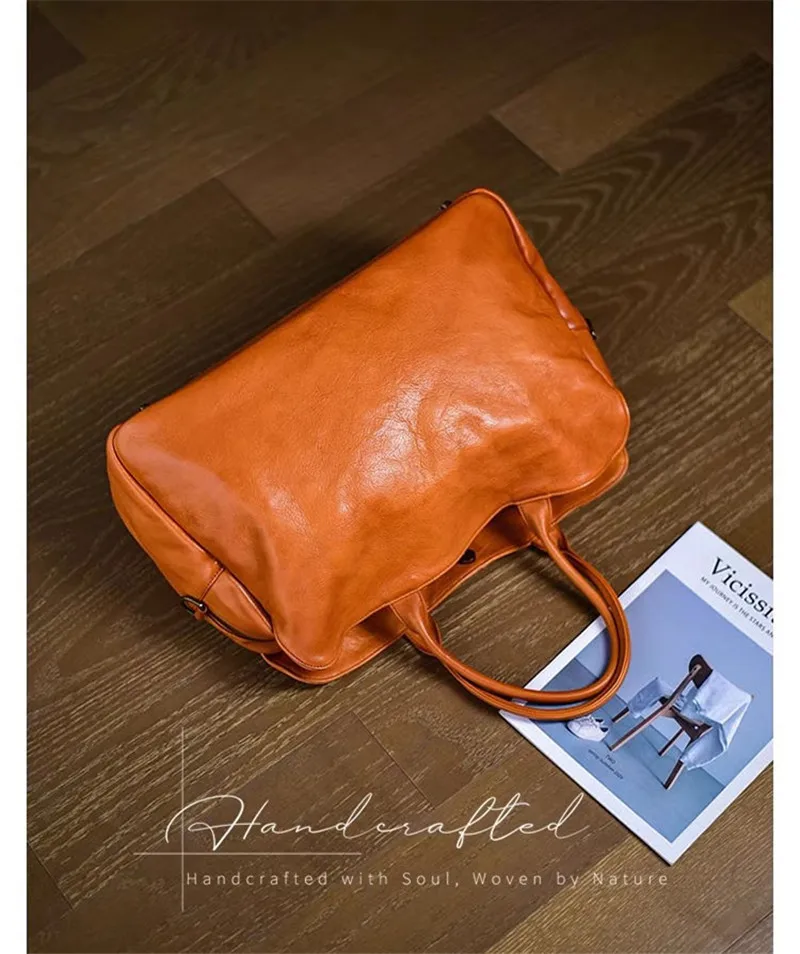 designer handmade vegetable tanned cowhide men's women's travel bag simple vintage genuine leather large-capacity handbags