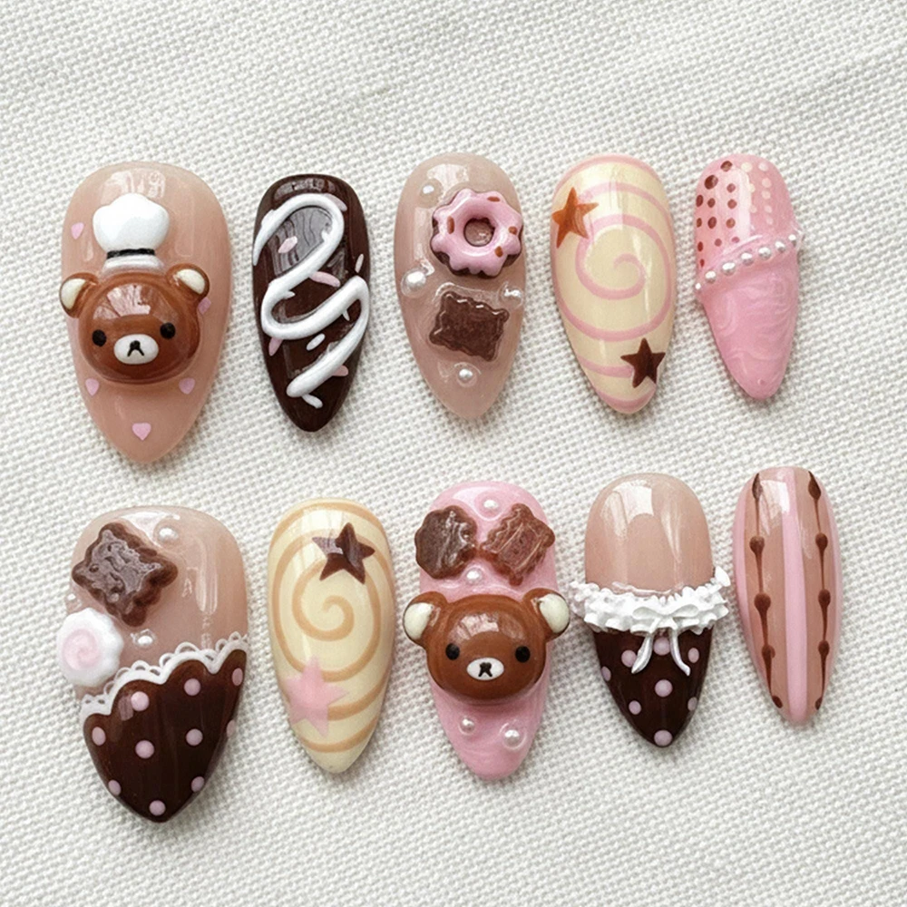 Handmade 3D Doll Sweet Rabbit Cat Rilakkuma Press On Nails Art Pink Chocolate Dessert Cream Cartoon Almond Fake Nails Sticker - view 4