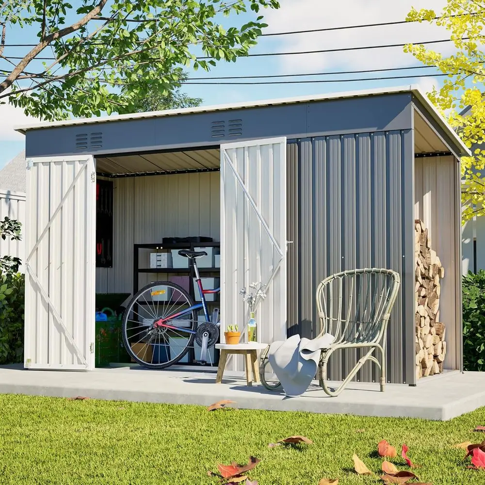 

10'x4' Galvanized Steel Outdoor Storage Shed with 4 Vents for Garden, Tools, and Patio Use