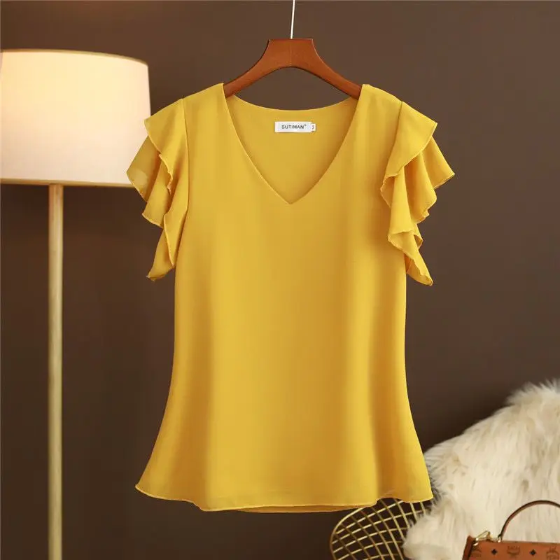 BEDN New Fashion Chiffon Blouses Women Summer Short Sleeve V-Neck Loose Blouse Ladies Top Oversize blusas mujer de moda 2023