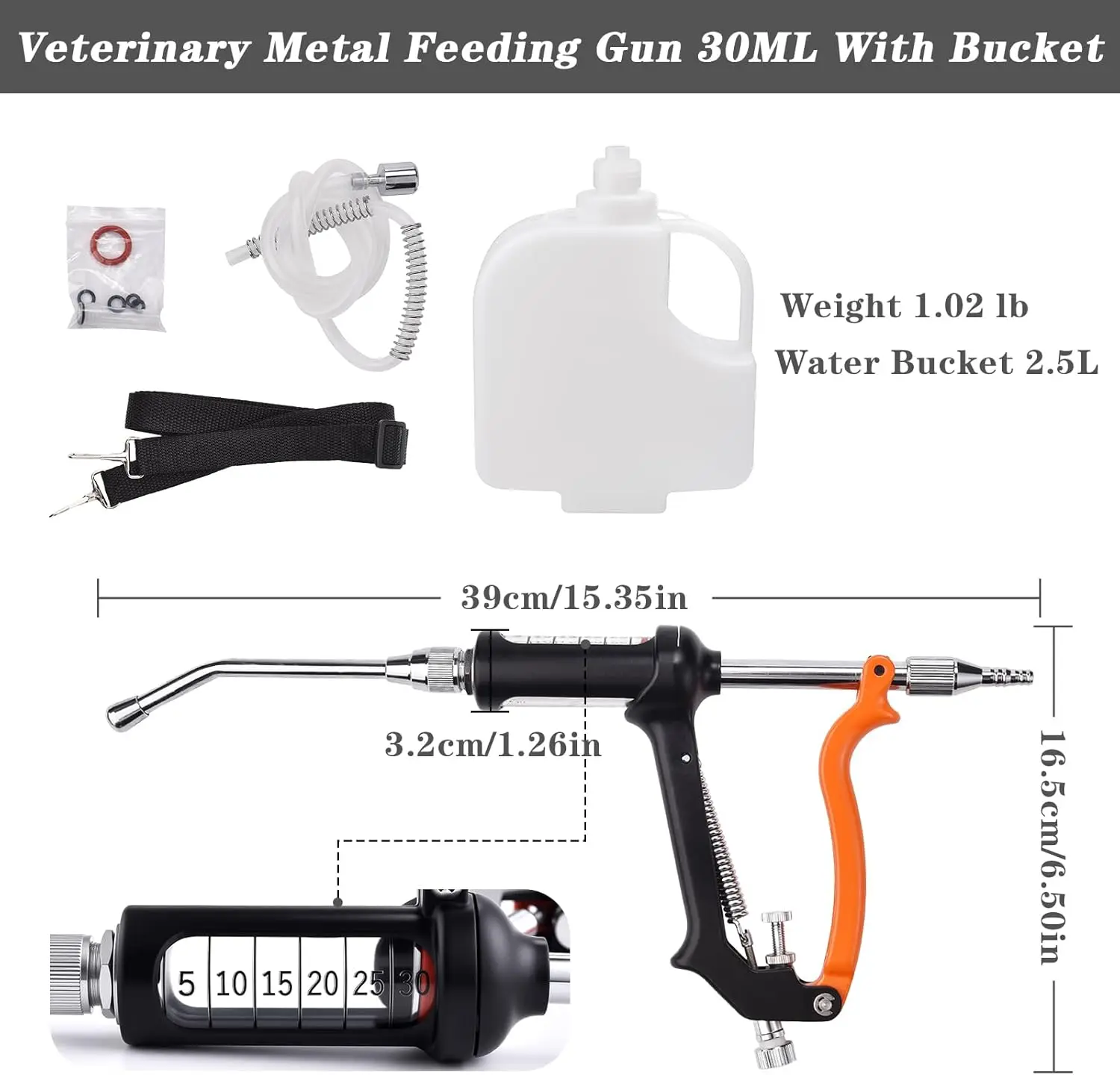 

30ML Veterinary Metal Feeding Gun, Continuous Drench Gun Dosing Device Veterinary Adjustable Medicine Dispenser