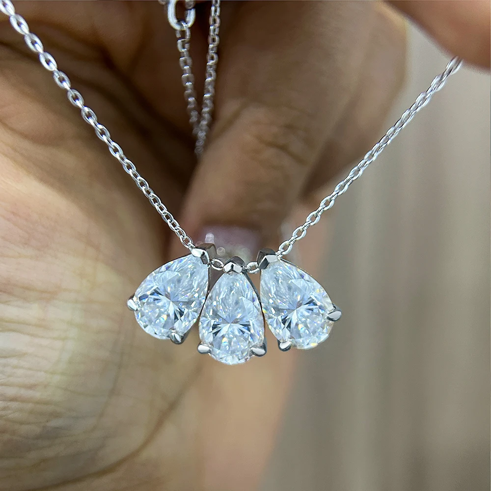 3 stone drop moissanite pendant women's necklace S925 silver pear-shaped cut necklace with certificate of exquisite jewelry.
