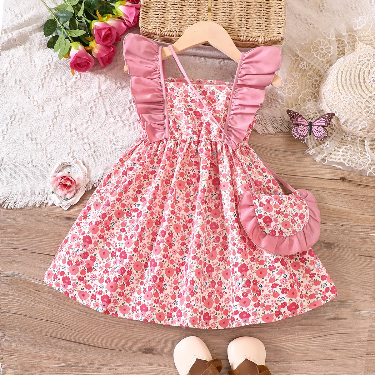 Girls Summer New Ruffle Single-Collar Fragment Flower Dress For Little Girls With A Shoulder Bag