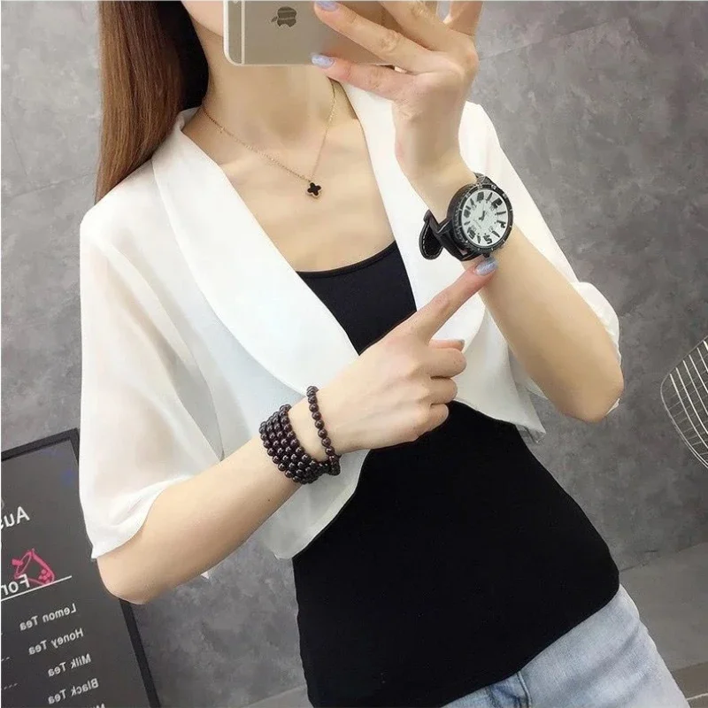 Crop Top Korean Fashion Cardigan Shawl Sunscreen Clothing Female Short Sleeve Waistcoat New Summer Short Top Women Clothing