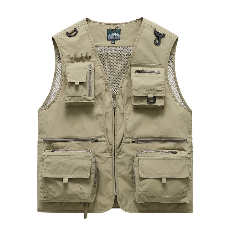 Neue, leichte Sommerweste aus atmungsaktivem Netzstoff, die schnell trocknet, für Herren, mit mehreren Taschen, als Angelweste oder Freizeitweste geeignet, mit ausgeschnittenen, übergroßen Schulterpartien. – Detail 3