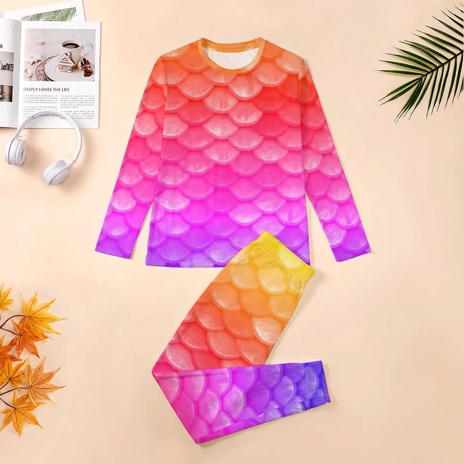 Color Mermaid Scales Pajamas Long Sleeves Ombre Print 2 Piece Casual Pajama Sets Autumn Mens Pattern Lovely Oversize Nightwear