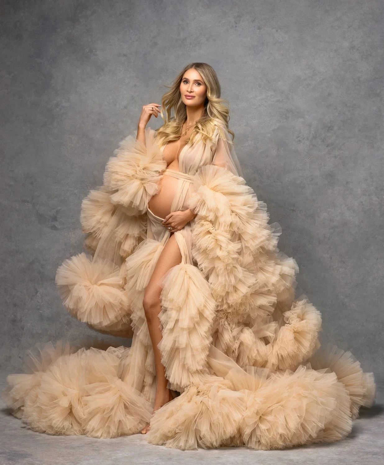 Puffy Ruffled Tulle Maternity Dress Women Robes for Photoshoot Extra Fluffy Pregnancy Dressing Front Split Babyshower Gowns